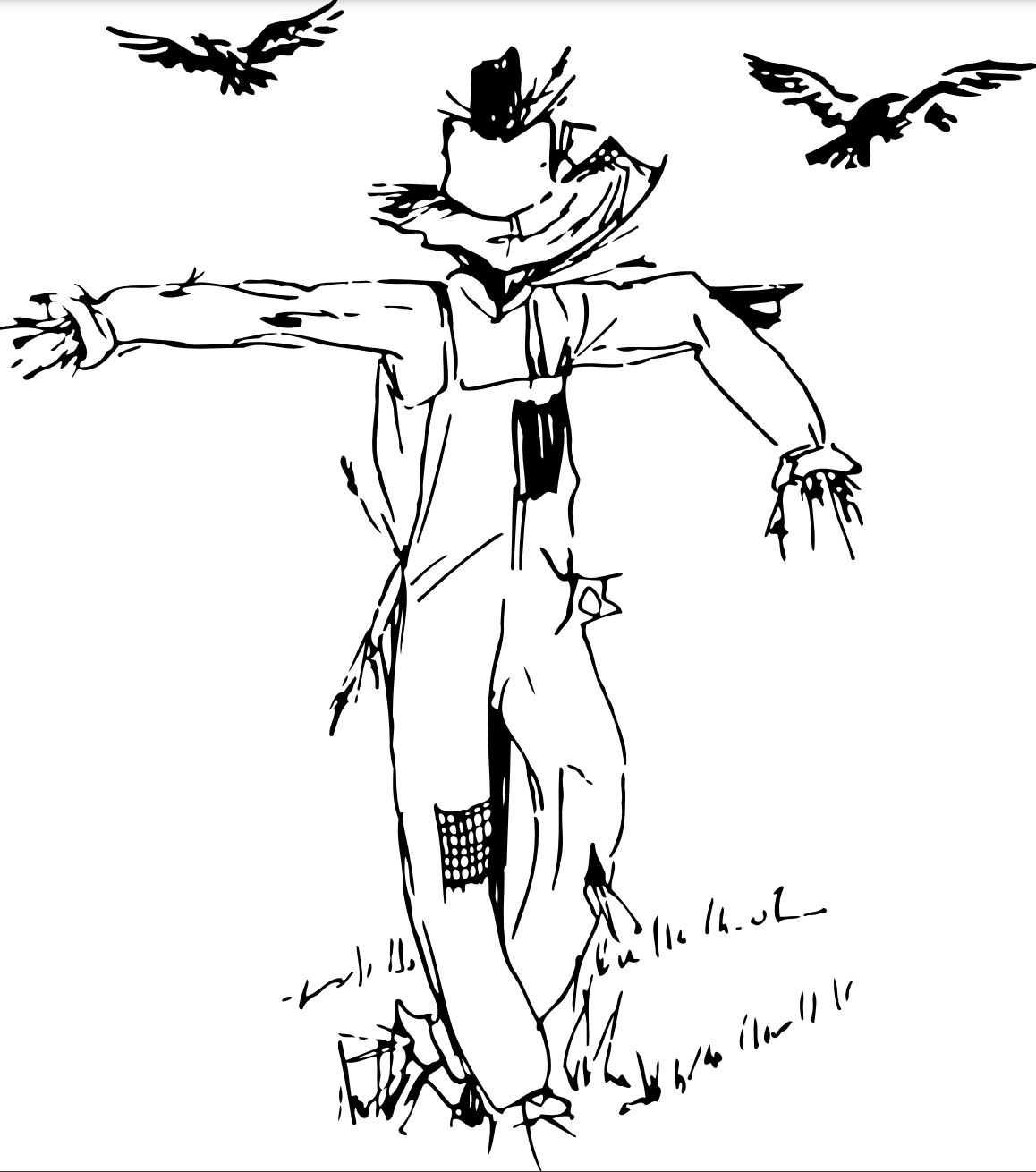 black and white line drawing of scarecrow