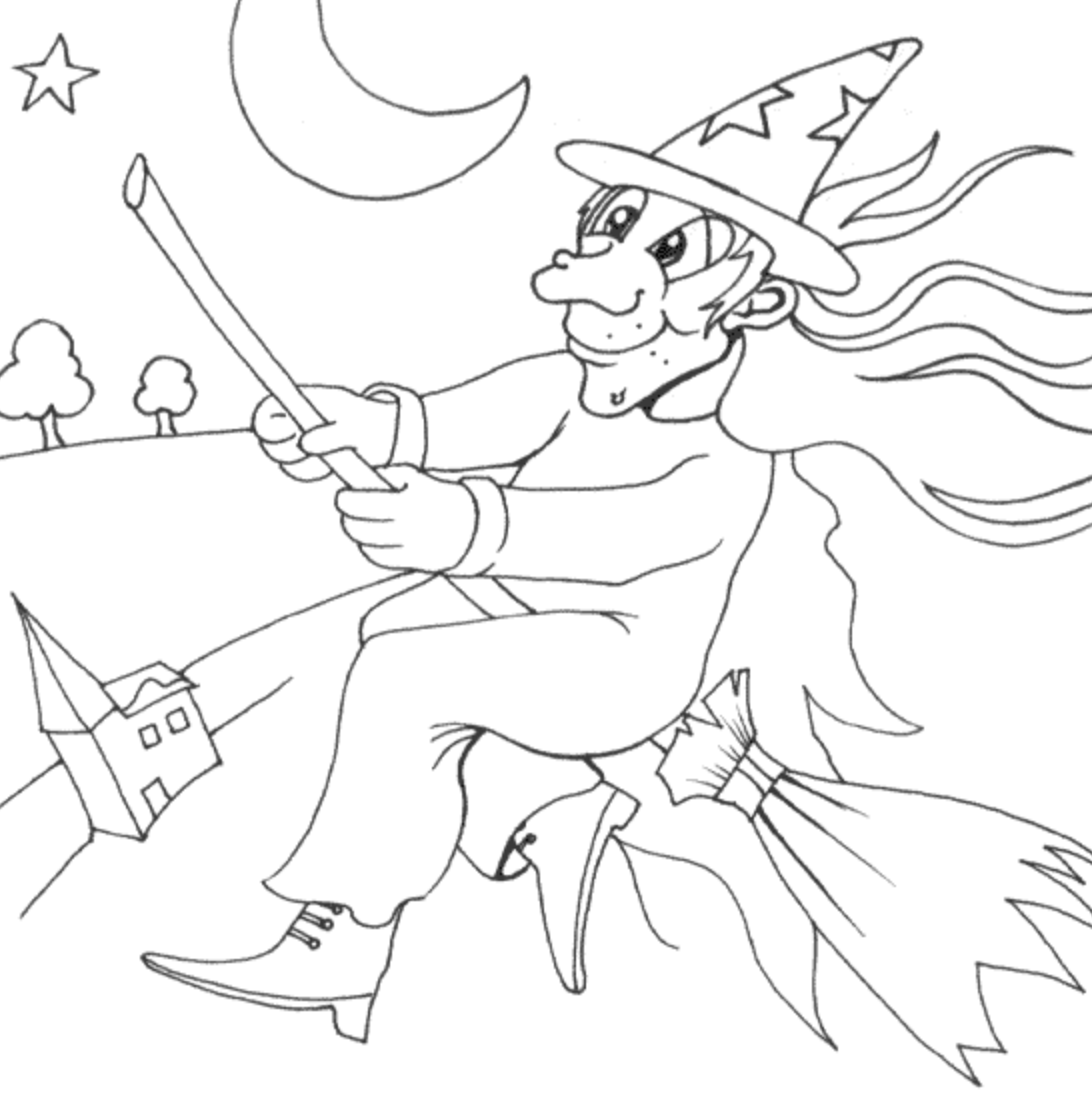 black and white witch line drawing